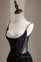 Mermaid Straps Long Black Sequin Prom Dress