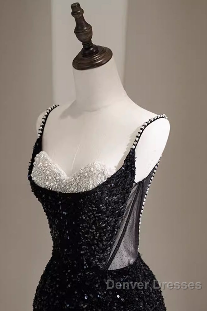 Mermaid Straps Long Black Sequin Prom Dress