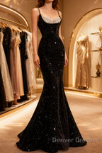 Mermaid Straps Long Black Sequin Prom Dress