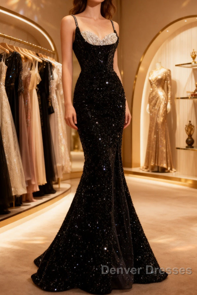 Mermaid Straps Long Black Sequin Prom Dress