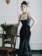 Mermaid Straps Long Black Sequin Slit Prom Dresses