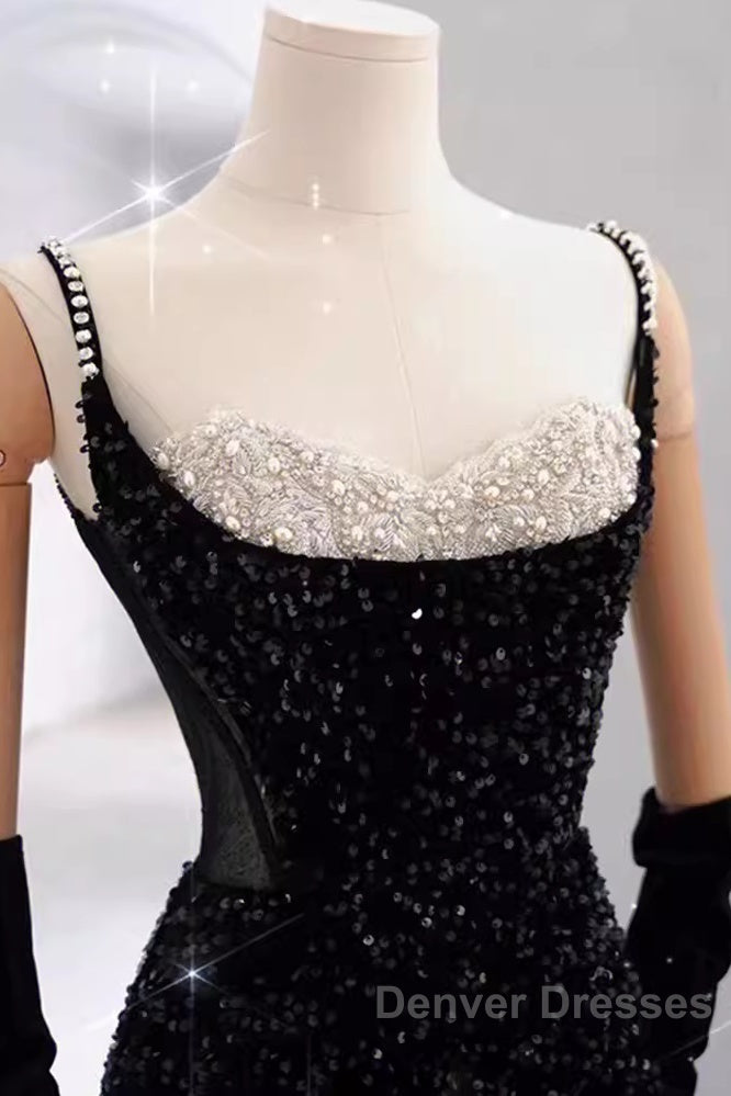 Mermaid Straps Sequin Black Backless Long Prom Dress