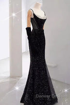 Mermaid Straps Sequin Black Backless Long Prom Dress