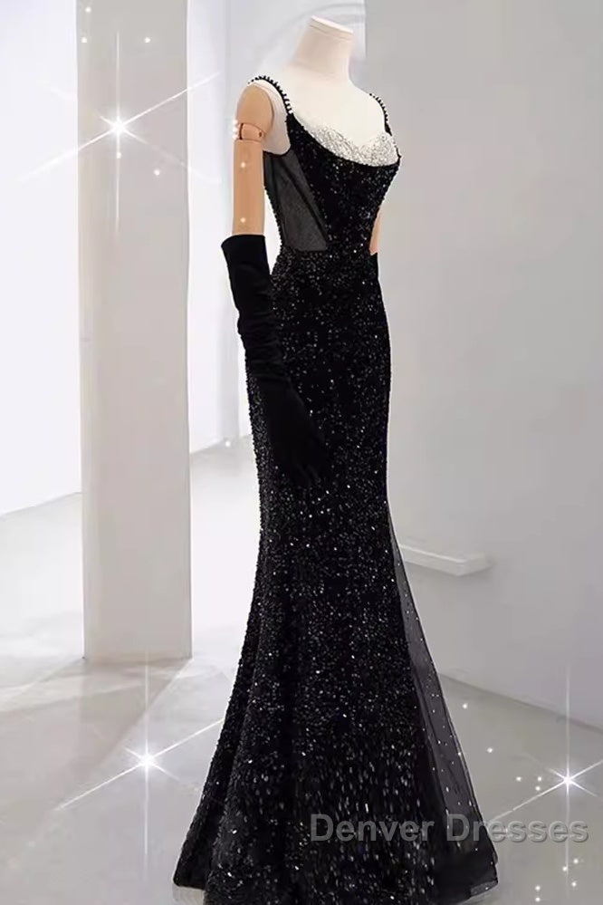 Mermaid Straps Sequin Black Backless Long Prom Dress