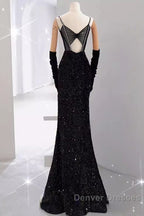 Mermaid Straps Sequin Black Backless Long Prom Dress