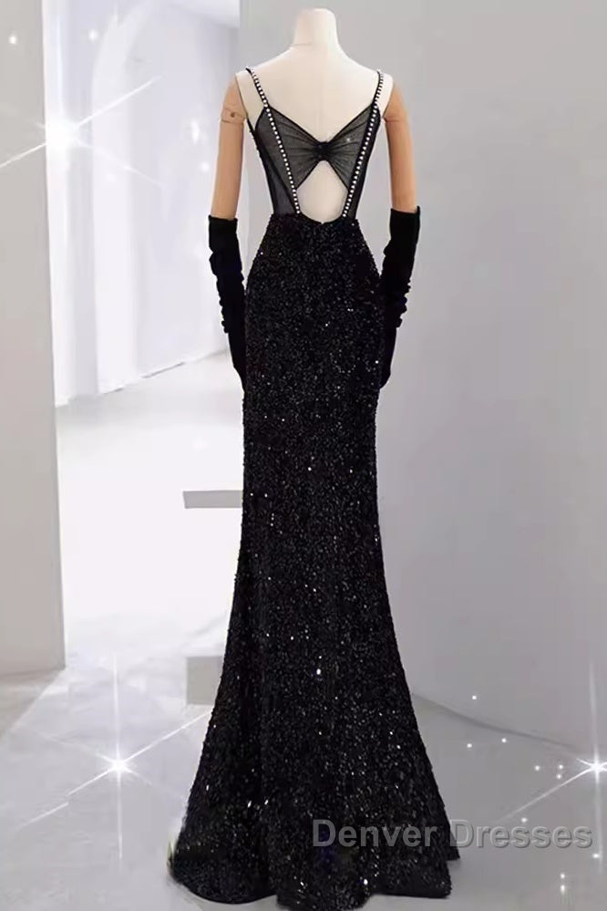 Mermaid Straps Sequin Black Backless Long Prom Dress