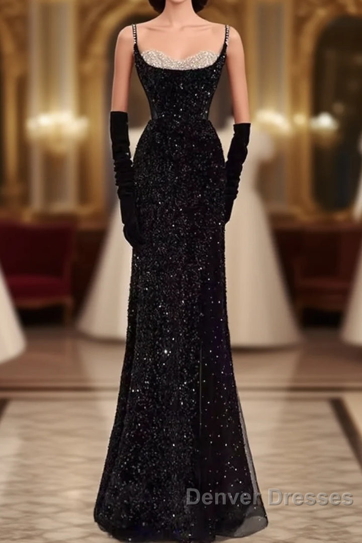 Mermaid Straps Sequin Black Backless Long Prom Dress Main image