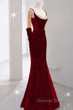 Mermaid Straps Sequin Red Backless Long Prom Dress