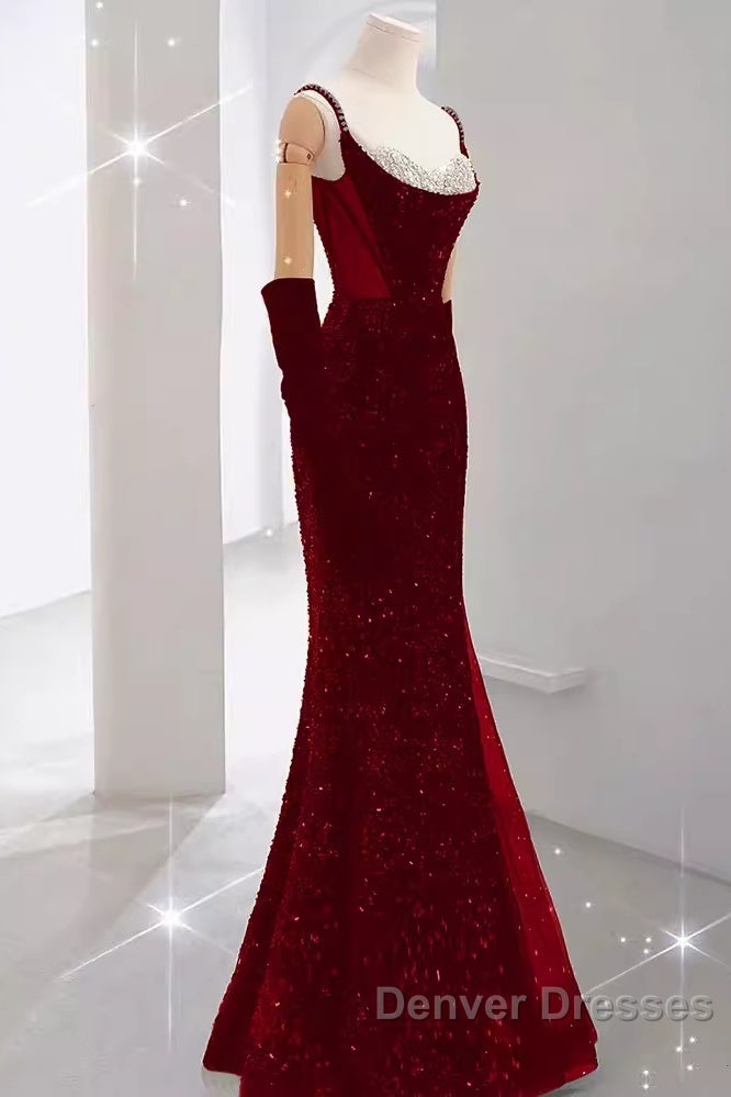 Mermaid Straps Sequin Red Backless Long Prom Dress