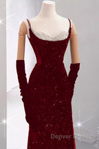 Mermaid Straps Sequin Red Backless Long Prom Dress