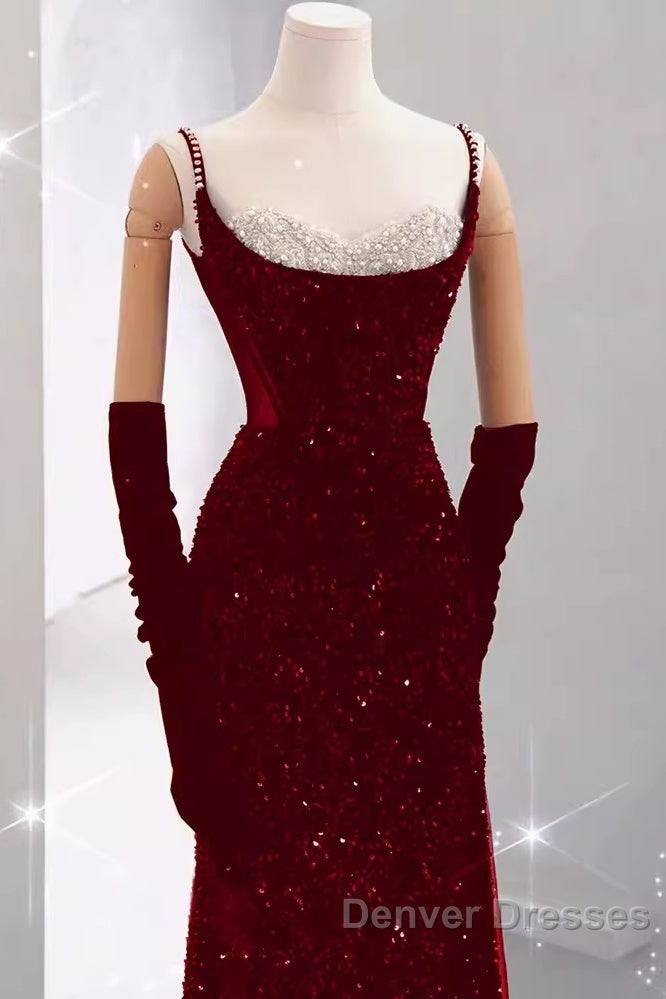 Mermaid Straps Sequin Red Backless Long Prom Dress