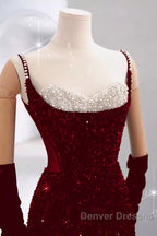 Mermaid Straps Sequin Red Backless Long Prom Dress