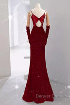 Mermaid Straps Sequin Red Backless Long Prom Dress