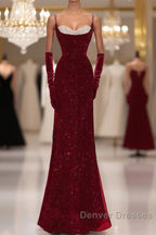 Mermaid Straps Sequin Red Backless Long Prom Dress