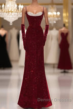 Mermaid Straps Sequin Red Backless Long Prom Dress