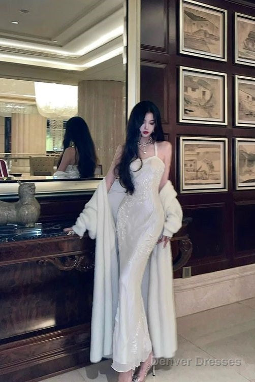 Mermaid Straps Sequin White Prom Dresses Formal Evening Dress Main image