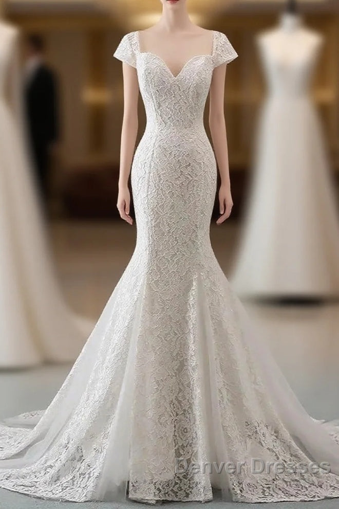 Mermaid Sweetheart Lace Long Wedding Dress Bride Gown Cap Sleeves Main image
