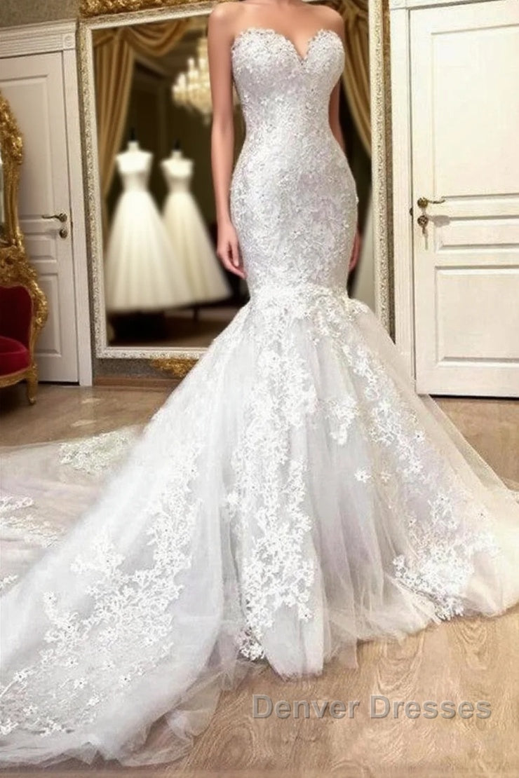 Mermaid Sweetheart Long Train Tulle Crochet Flower Wedding Dress Main image