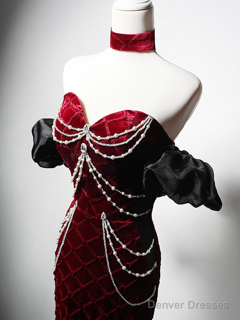 Mermaid Sweetheart Neck Velvet Burgundy Long Prom Dress with Beads Secondary image