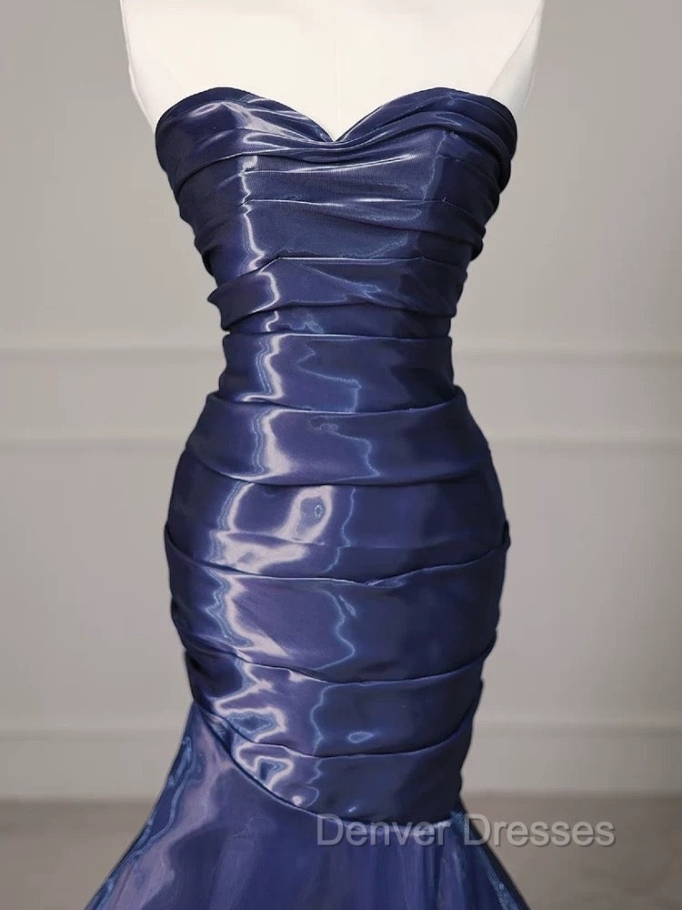 Mermaid Sweetheart Neck Water Satin Dark Blue Long Prom Dress, Dark Blue Formal Dress Secondary image