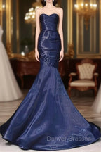 Mermaid Sweetheart Neck Water Satin Dark Blue Long Prom Dress, Dark Blue Formal Dress