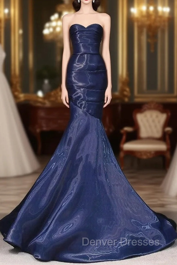 Mermaid Sweetheart Neck Water Satin Dark Blue Long Prom Dress, Dark Blue Formal Dress