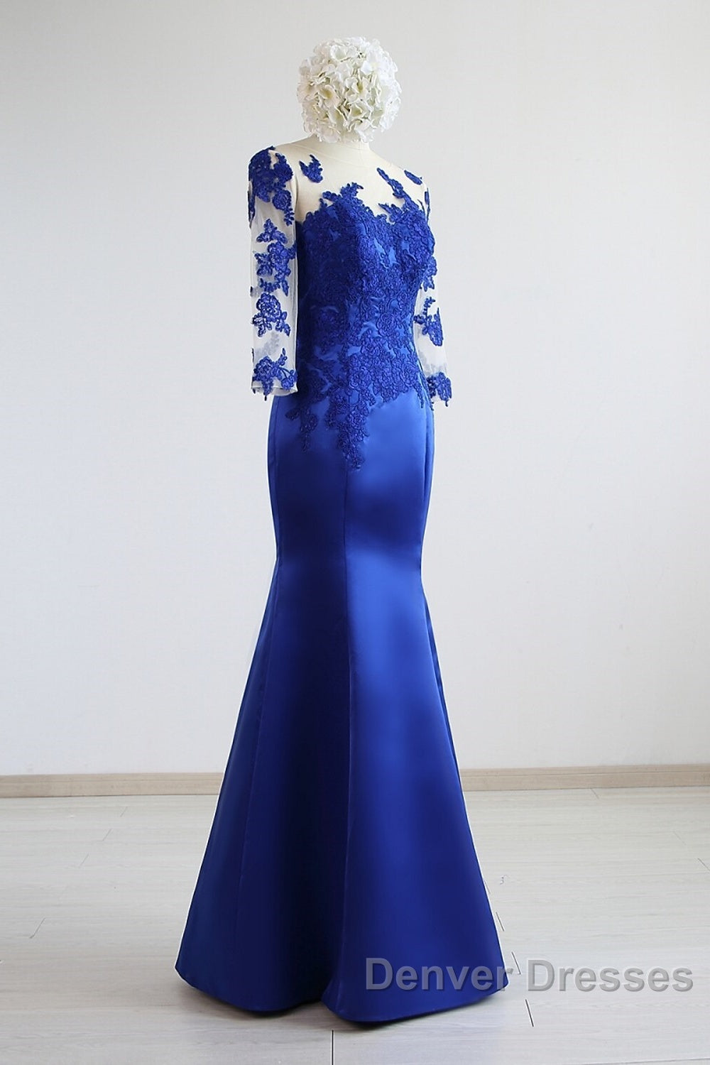 Mermaid / Trumpet Evening Gown Elegant Dress Formal Floor Length Half Sleeve Illusion Neck Satin With Pleats