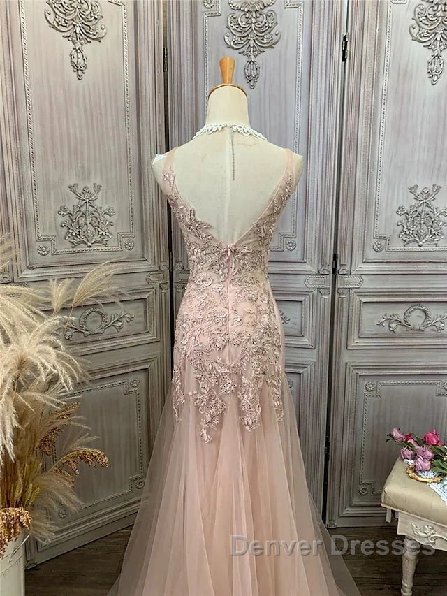 Mermaid / Trumpet Prom Dress Maxi Dress Party Wear Sweep / Brush Train Sleeveless V Neck Tulle With Appliques