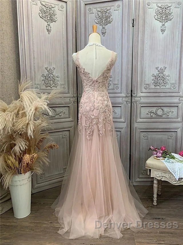 Mermaid / Trumpet Prom Dress Maxi Dress Party Wear Sweep / Brush Train Sleeveless V Neck Tulle With Appliques