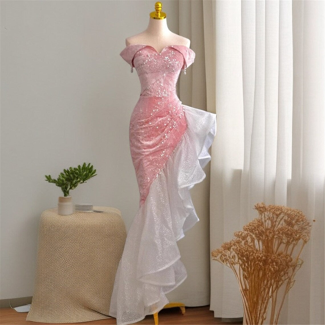 Mermaid / Trumpet Prom Dress Party Dress Evening Party Floor Length Sleeveless Off Shoulder Tulle With Pearls Sequin