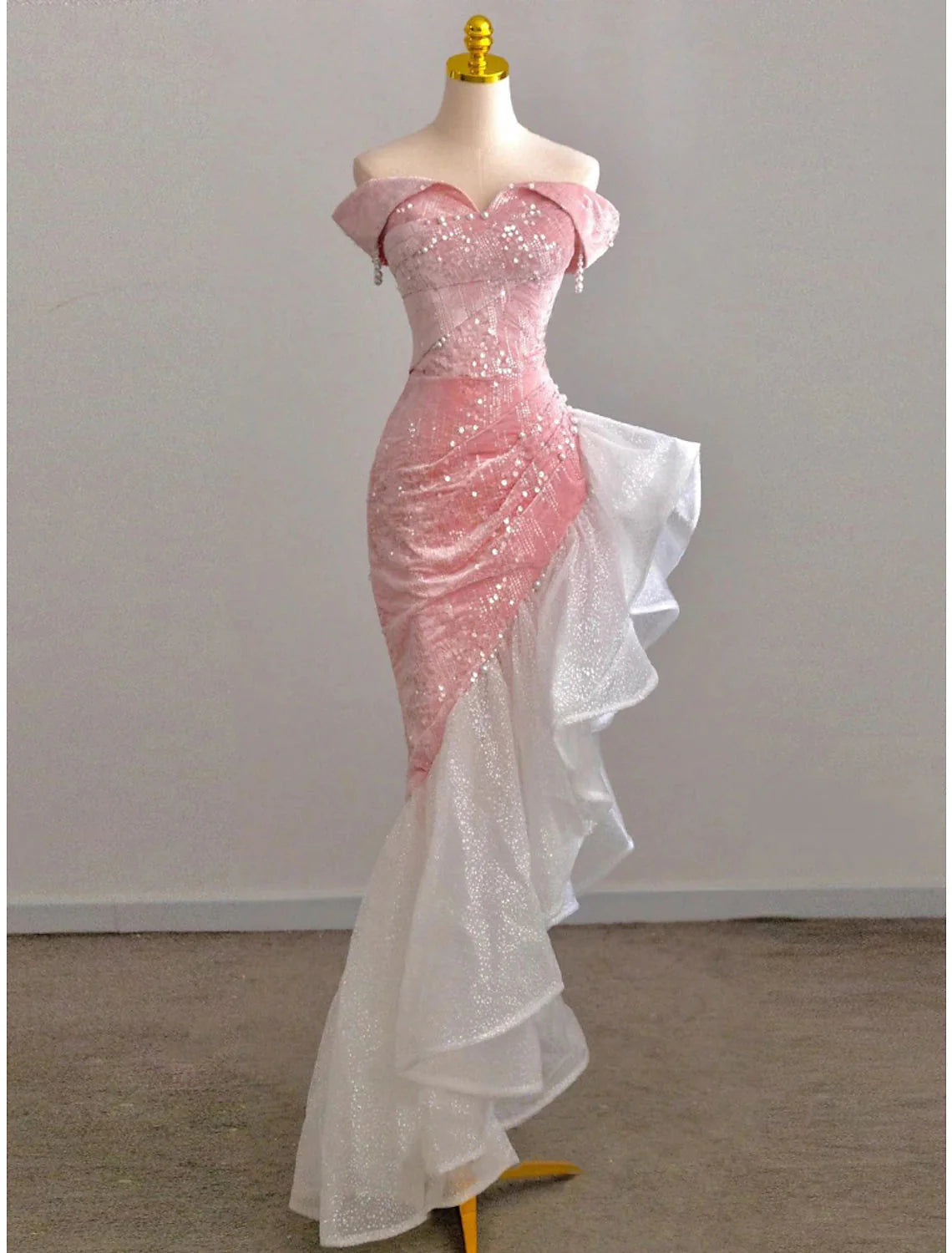 Mermaid / Trumpet Prom Dress Party Dress Evening Party Floor Length Sleeveless Off Shoulder Tulle With Pearls Sequin