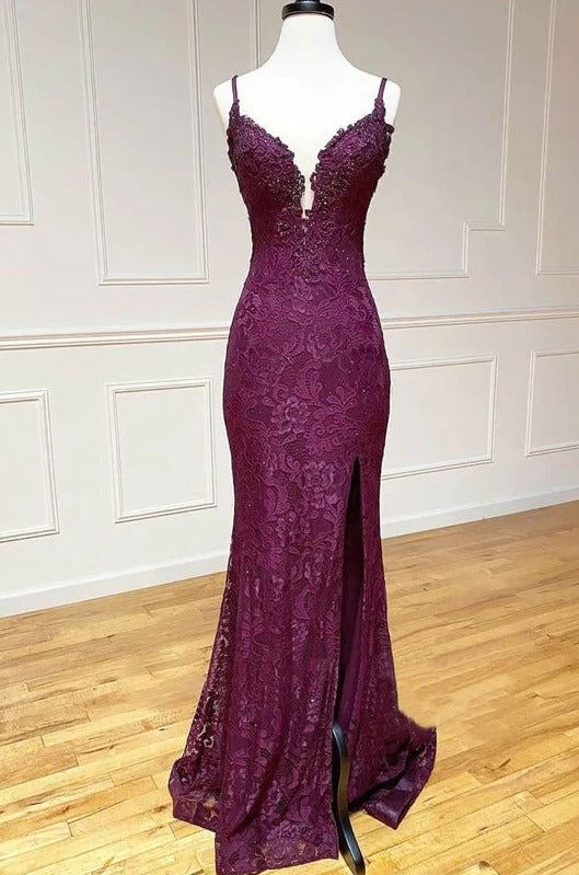 Mermaid/Trumpet Spaghetti Straps Grape Lace Beaded Long Prom Dress Formal Evening Dress Main image