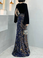 Mermaid / Trumpet Sparkle Gothic Prom Formal Evening Dress V Neck Long Sleeve Floor Length Sequined Velvet With Sash / Ribbon Sequin