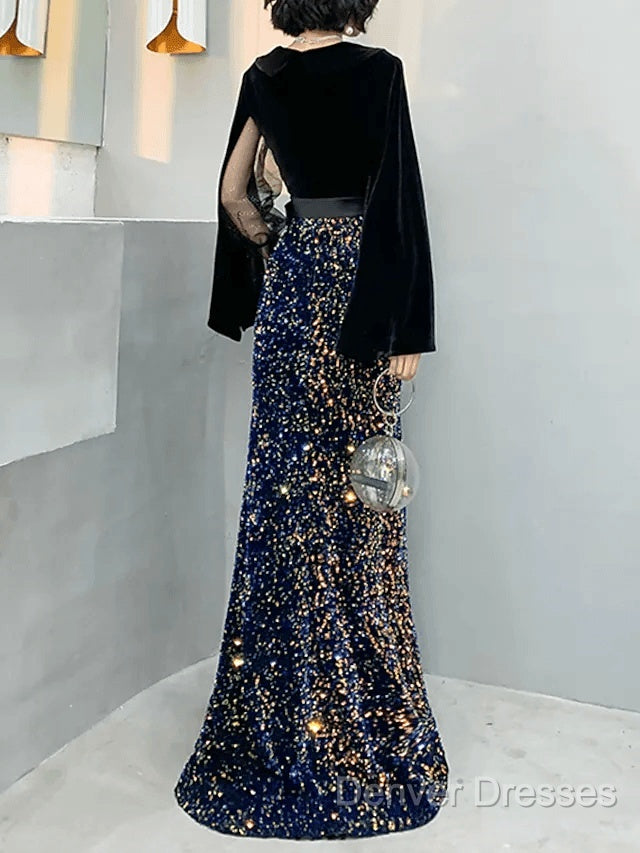 Mermaid / Trumpet Sparkle Gothic Prom Formal Evening Dress V Neck Long Sleeve Floor Length Sequined Velvet With Sash / Ribbon Sequin