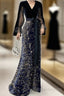 Mermaid / Trumpet Sparkle Gothic Prom Formal Evening Dress V Neck Long Sleeve Floor Length Sequined Velvet With Sash / Ribbon Sequin