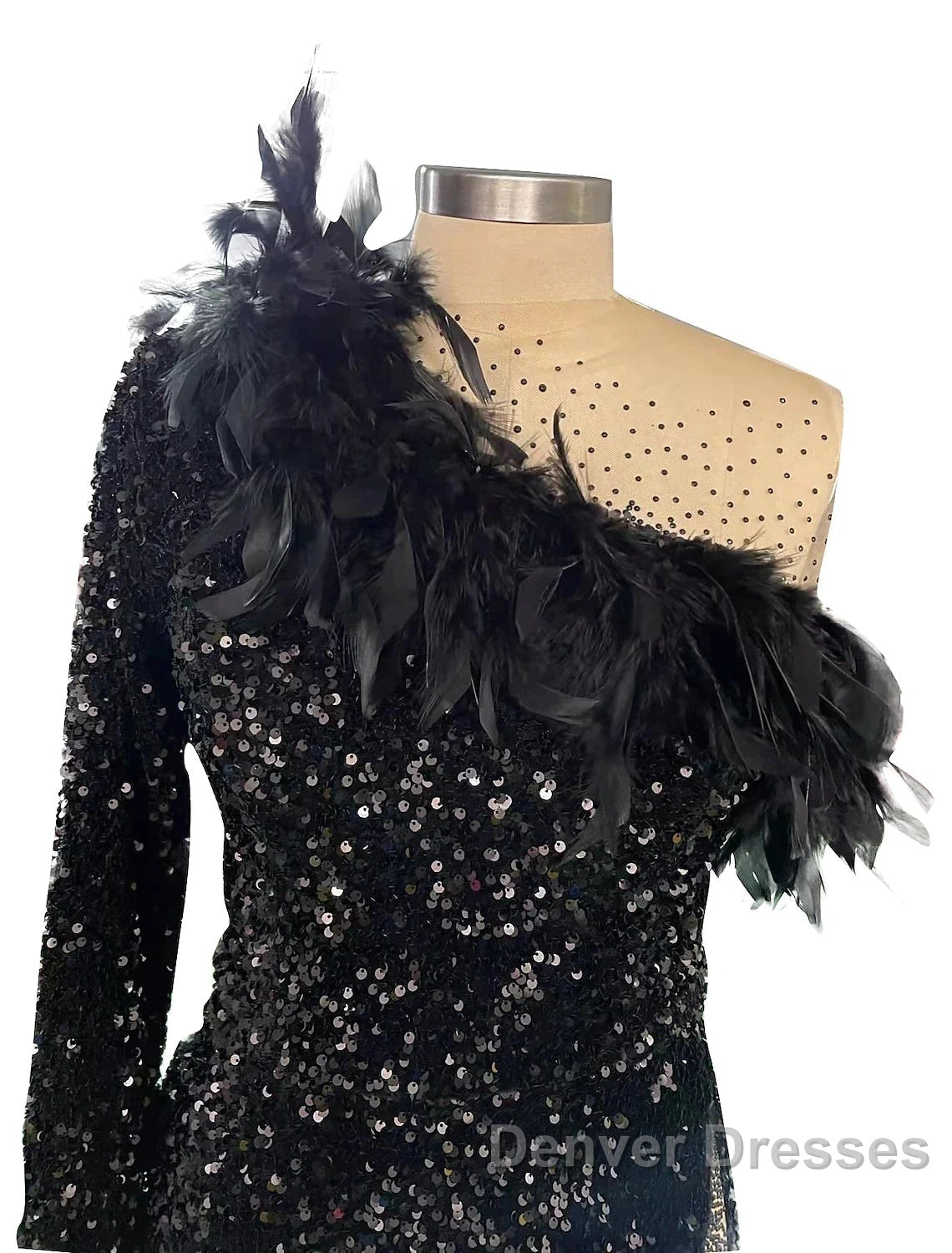 Mermaid / Trumpet Sparkle Sexy Wedding Guest Formal Evening Dress One Shoulder Long Sleeve Court Train Sequined With Feather Sequin Slit Secondary image