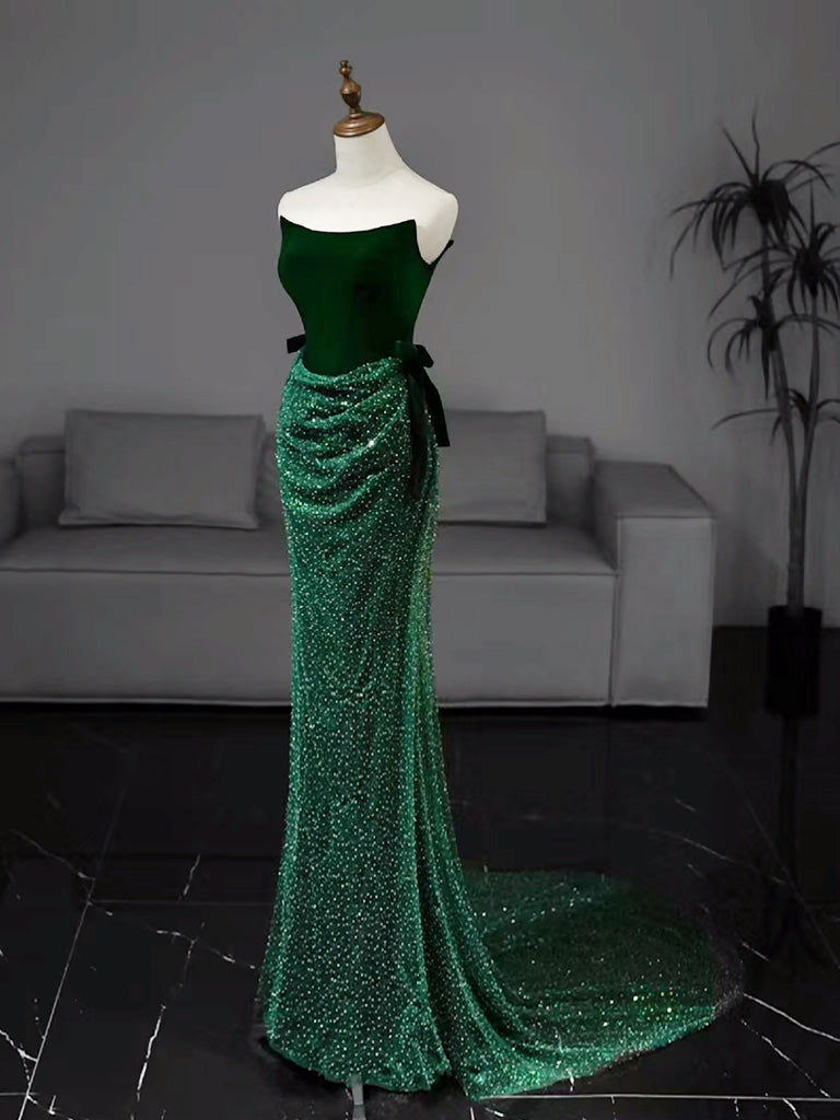 Mermaid Tulle Velvet Green Long Prom Dress, Green Long Formal Dress Main image