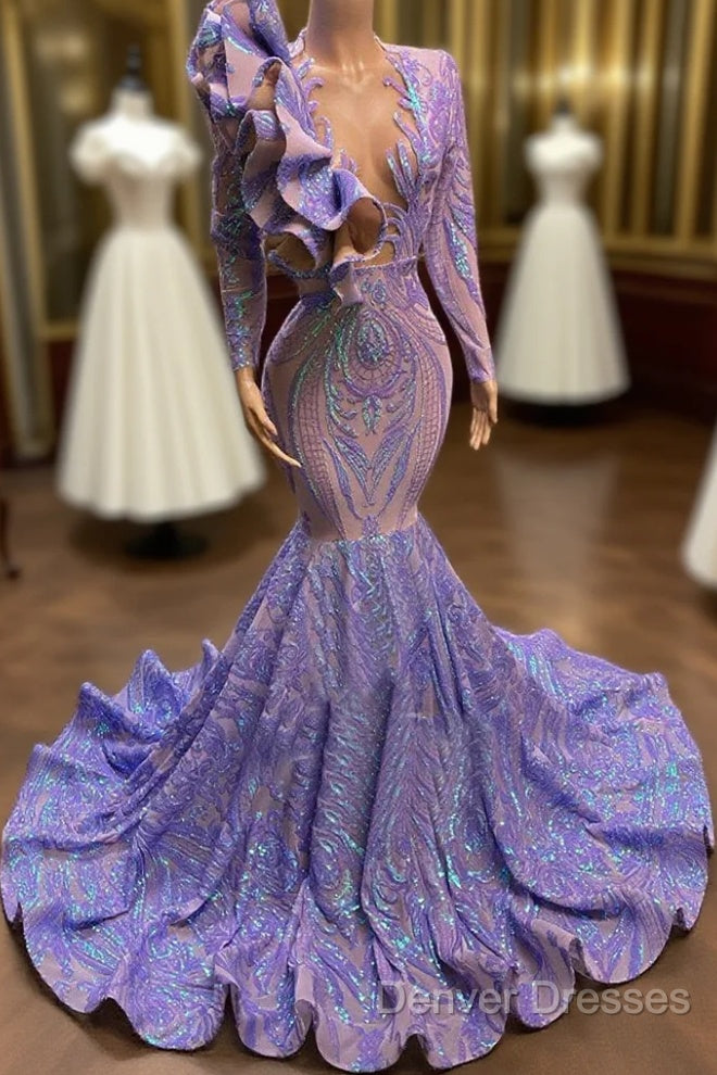 Mermaid V-Neck Appliques Lace Sequined Open Back Floor-Length Long Sleeve Prom Dress Main image