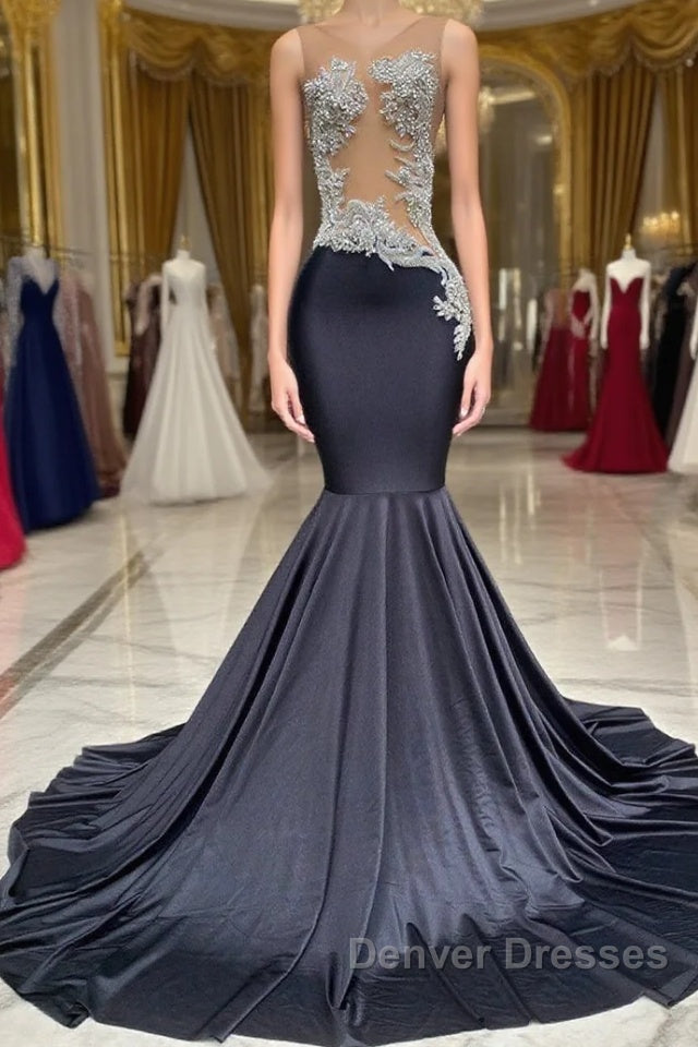 Mermaid V-neck Appliques Lace Sequined Open Back One Shoulder Floor-length Sleeveless Prom Dress Main image