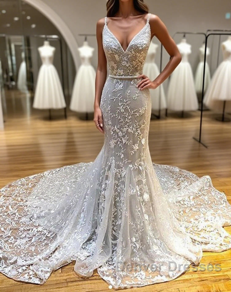 Mermaid V Neck Backless White Lace Long Prom Dress, Mermaid Ivory Lace Formal Dress, Ivory Lace Evening Dress Main image