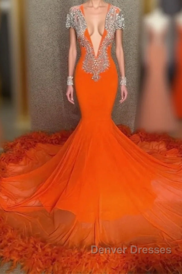 Mermaid V-neck Beaded Sequined Floor-length Long Sleeves With Feather Prom Dress Main image