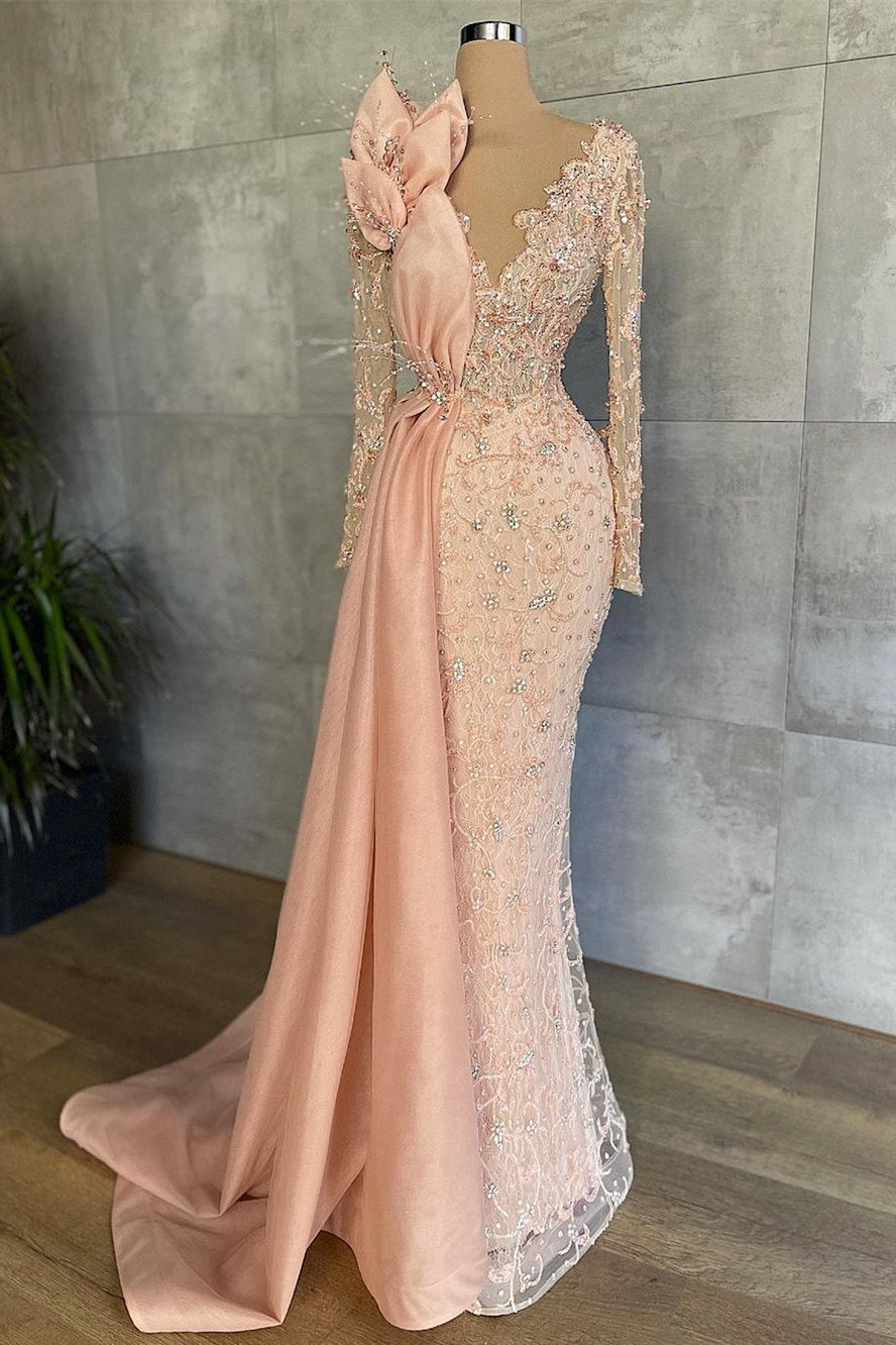 Mermaid V-neck Beading Sequined Floor-length Long Sleeve Appliques Lace Flower Prom Dress