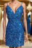 Mermaid V Neck Blue Sequins Short Prom Dress, Mermaid Blue Homecoming Dress, Blue Formal Evening Dress