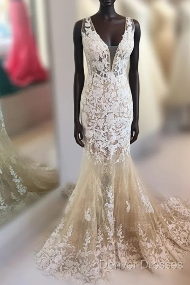 Mermaid V Neck Champagne Lace Prom Dress, Mermaid Champagne Formal Dress