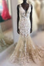 Mermaid V Neck Champagne Lace Prom Dress, Mermaid Champagne Formal Dress
