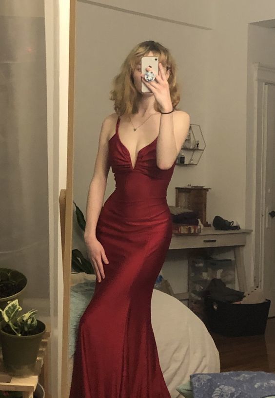 Mermaid V Neck Cross Back Burgundy Satin Long Prom Dress Main image