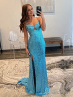 Mermaid V Neck Cutout Blue Long Prom Dress