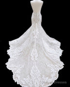 Mermaid V Neck Empire Wedding Dress Lace Open Back