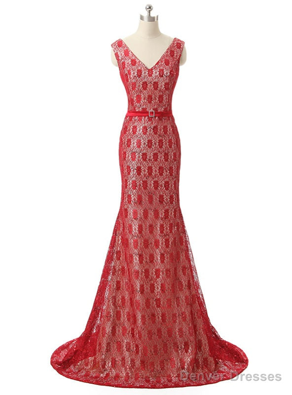 Mermaid V Neck Floor Length Red Lace Mother Of The Bride Dresses Main image