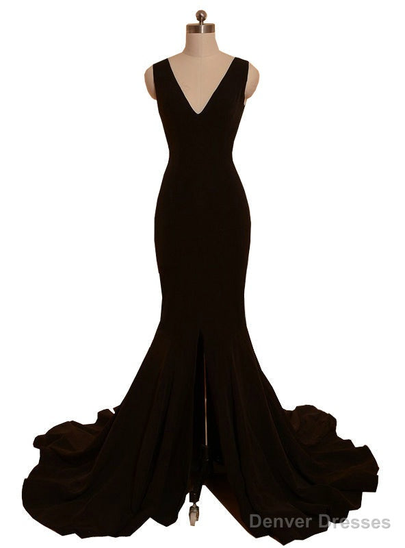 Mermaid V-neck Front Slit Backless Women Black Prom Dress Main image